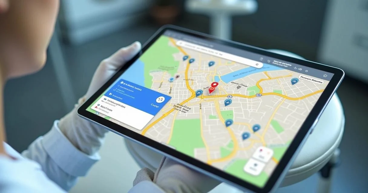 Profissional de saúde visualizando mapa de busca local no Google Maps em tablet